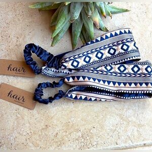 Navy and Cream Aztec Geometric Pattern Hair Scarf Scrunchie Twin Pack Set 2 pcs